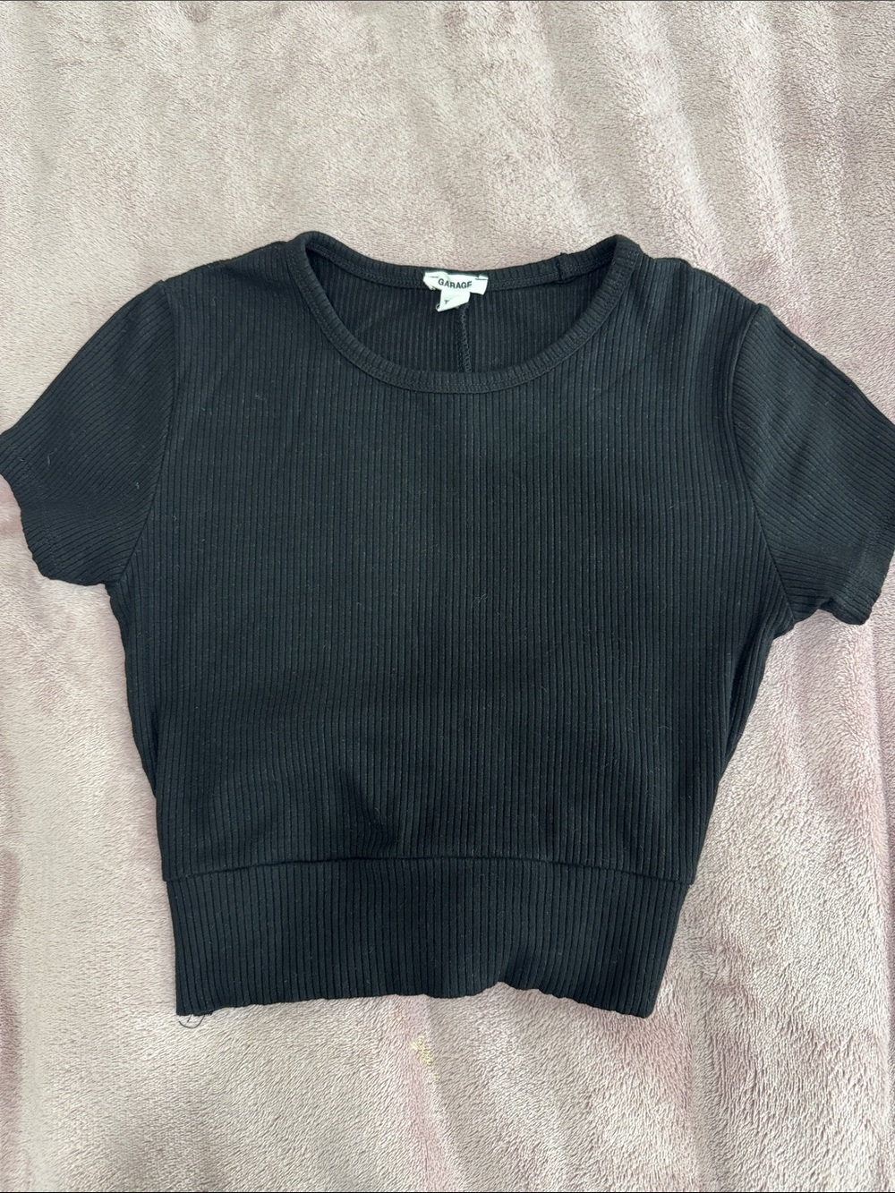 Garage Black Ribbed Short Sleeve Crop Top with Bow in the Back